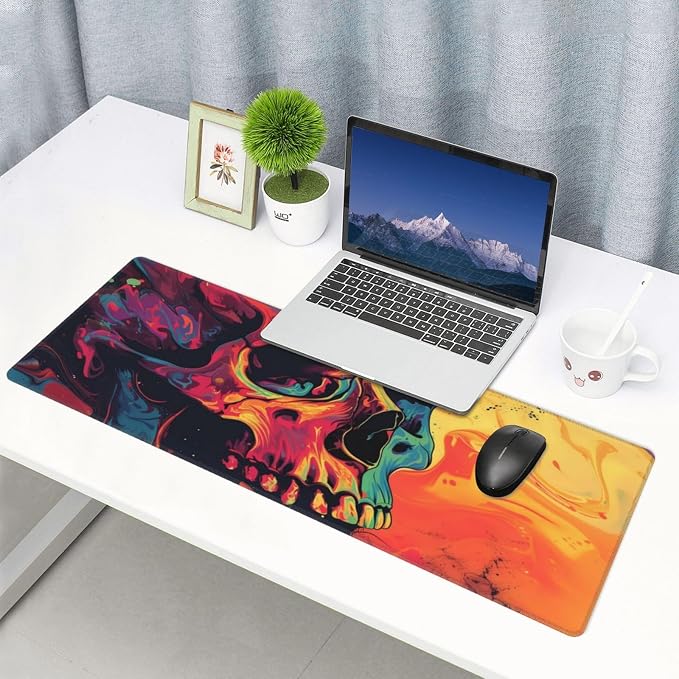 Gaming Mouse Pad Desk Pad,Extended Big Mouse Pad,31.5x11.8 Inch Long Computer Keyboard Mouse Mat Mousepad with 3mm Non-Slip Base and Stitched Edge for Gaming and Office… (Watercolor Skull) - Image 7