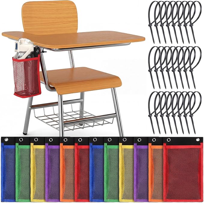 12 Pcs Water Bottle Holder for Classroom Desk Anti-Spill Chair Cup Holder with 50 Pcs Black Zip Ties Back to School Gift for Students Water Bottle Pockets for Student Classroom Chair Pocket(Colorful) by Sunnymove