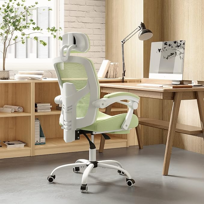 Home Office Desk Chair, Comfortable Mesh Chair with Foot Rest, Green | Reclining Gaming Chair with Headrest and Lumbar Support, 90°-130° Reclining, Silent Swivel - Image 2