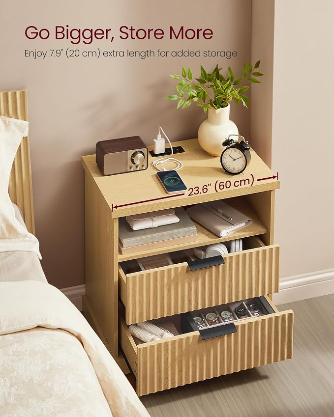 VASAGLE Set of 2 Nightstands with Charging Station, 2 Drawers, Open Shelf - Image 4