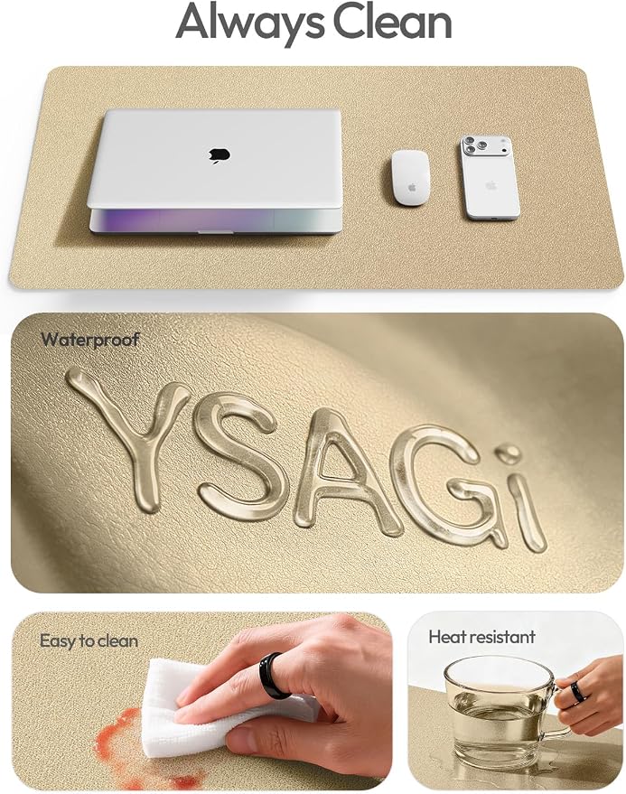 YSAGi Leather Desk Pad Protector, Office Desk Mat, Large Mouse Pad, Non-Slip PU Leather Desk Blotter, Laptop Desk Pad, Waterproof Desk Writing Pad for Office and Home (Gold,47.2" x 23.6") - Image 8