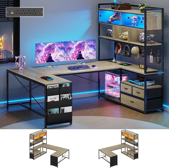 Dnxao U-Shaped Corner Gaming Desk with 3 Drawers and Pegboard, Oak Gray | 65" Reversible Computer Desk with Power Outlets and LED Lights, Storage Shelves Workstation with Pegboard for Gamers by Dnxao
