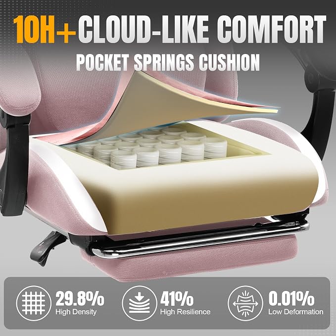 GTPLAYER Gaming Chair with Foot Rest & Pocket Spring Cushion, Breathable Fabric for Home Office Desk, Ergonomic High Back Computer Chair with Headrest & Lumbar Support, Pink - Image 4