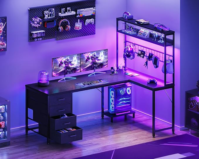 AODK 59" L Shaped Gaming Desk with Hutch, 4 Drawers, LED Lights, Black | Power Outlets, USB Ports, Grid Pegboard, Hutch Shelves, Reversible Layout for Bedrooms, Dorms, Study Rooms and Gaming Areas - Image 2