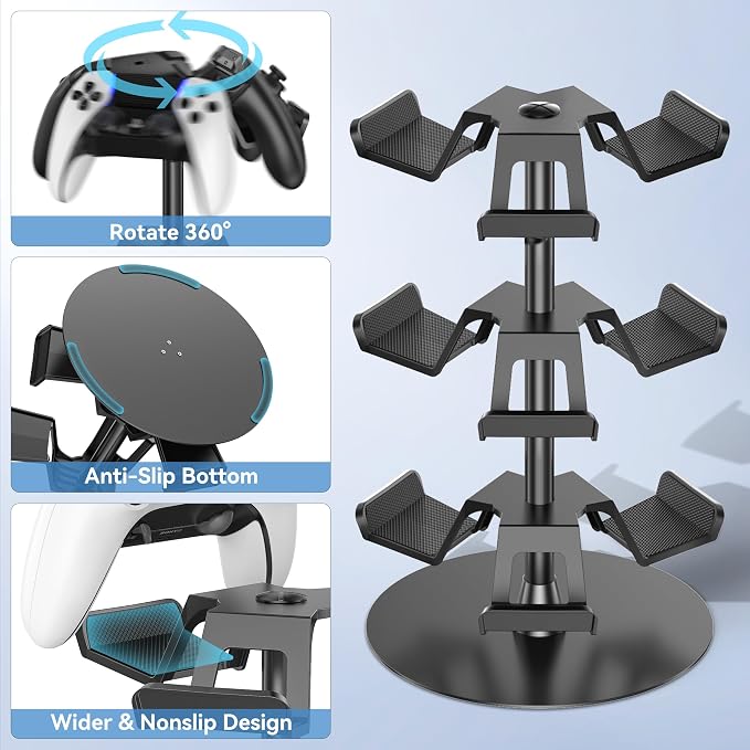 Kosker Headset Stand 3 Tiers for Desk, Rotatable Gaming Controller Stand for PS5/PS4/Xbox/Switch2/PS Portal/Phone, Universal PC Gamer Gift Accessory Controller/Headphone Holder for 9 Packs Controller - Image 3