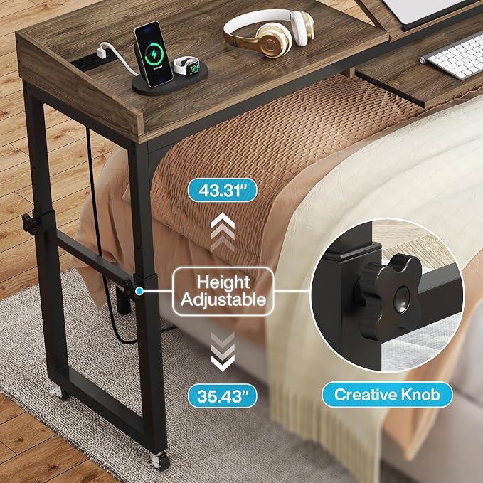 Tribesigns Height Adjustable Overbed Table with Wheels, Queen Size Over Bed Desk with Adjustable Tilt Stand, Mobile Laptop Cart Computer Desk with Outlets & USB Ports (Dark Gray) - Image 3