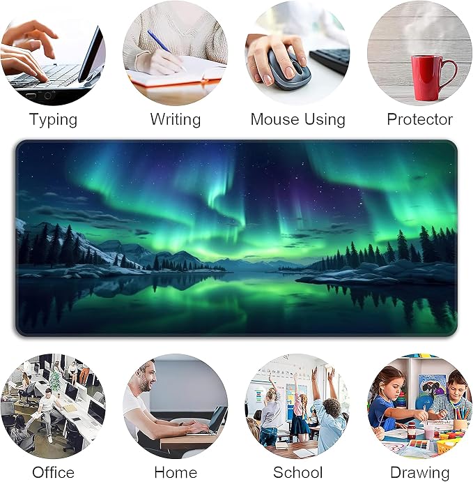 Green Aurora Desk Mat, XXL 35.4"x15.7" Large Mouse Pad, Aesthetic Extended Gaming Mouse Mat,Non-Slip Rubber Base Waterproof with Stitched Edges for Gaming Office Home Decor - Image 6