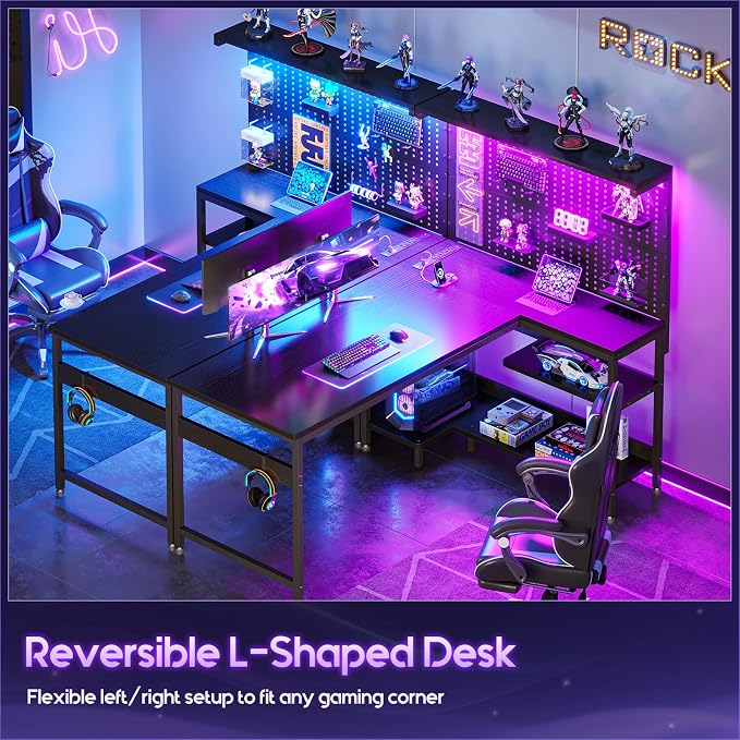 AODK 55" L Shaped Gaming Desk with Pegboard Hutch, LED Lights, Black | Large Pegboard, Power Outlets, USB Ports, Storage Shelves, CPU Stand, Reversible Layout for Gaming Rooms and Bedroom Corners - Image 8