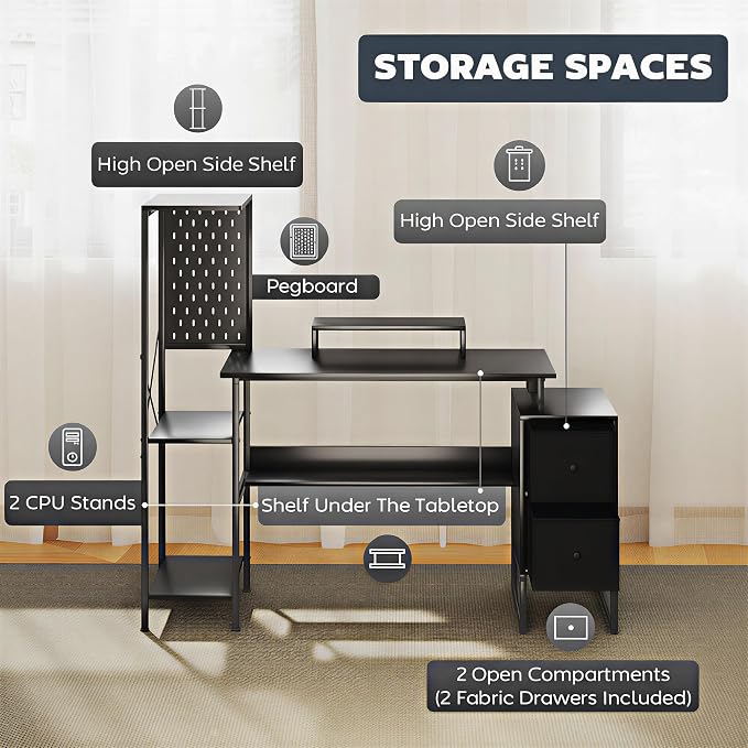 HOMCOM 56" Gaming Desk Monitor Stand Power Outlets LED Lights, Black | Computer Desk, Storage Shelves, Fabric Drawers, 2 CPU Stands, Pegboard, Home Office - Image 7