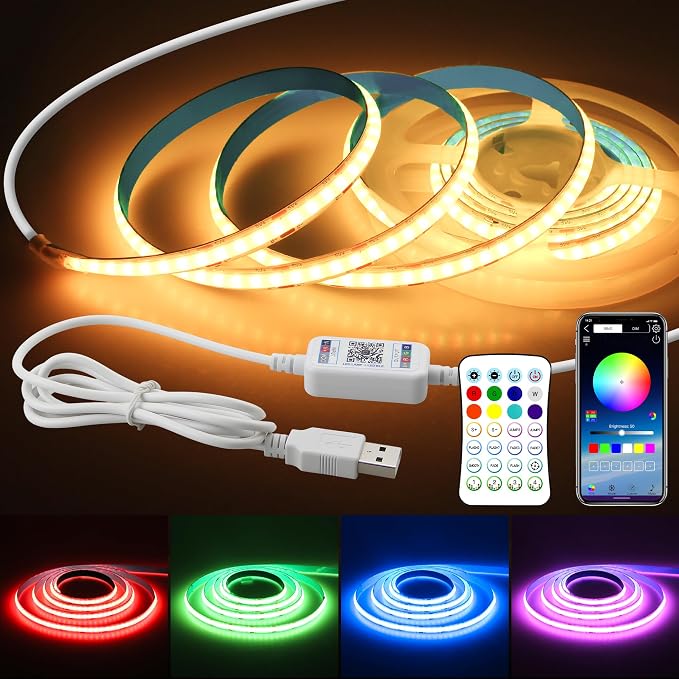 5V USB COB RGB LED Light Strip With Remote 576LED/M 4.92FT Rope Lights 1.5M by Samsion