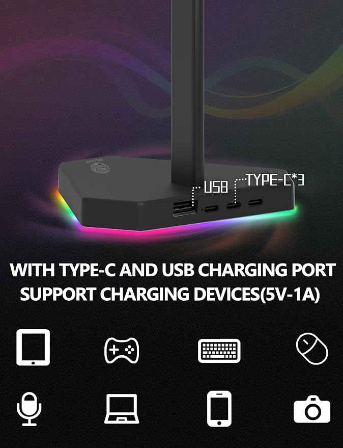 RGB Headphones Stand with 1 USB-C Data Transmission& 3 Type-C Charging Port, Desk Gaming Headset Holder with 7 Light Modes and Non-Slip Rubber Base (Black) - Image 2