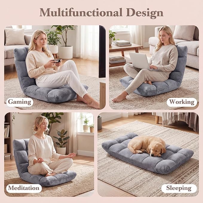 Folding Floor Chair with Back Support, Floor Seat, Lazy Sofa Chair | 14 Adjustable Position, Soft Coral Fleece, Thick Foam, Steel Frame Gaming Chair for Adults, Meditation, Living Room (Gray) - Image 8