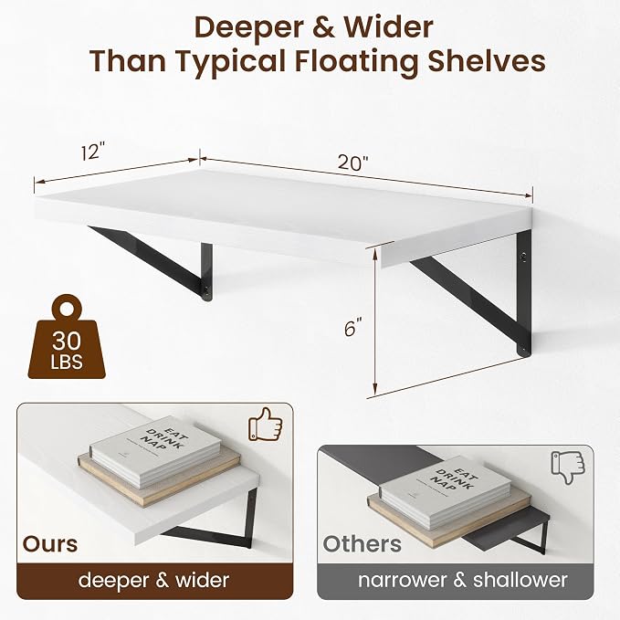 Axeman Deep Floating Shelves - 20 Inch White Floating Shelves Set of 2-12 Inch Deep Wood Wall Shelves for Living Room Bathroom Kitchen - Image 3