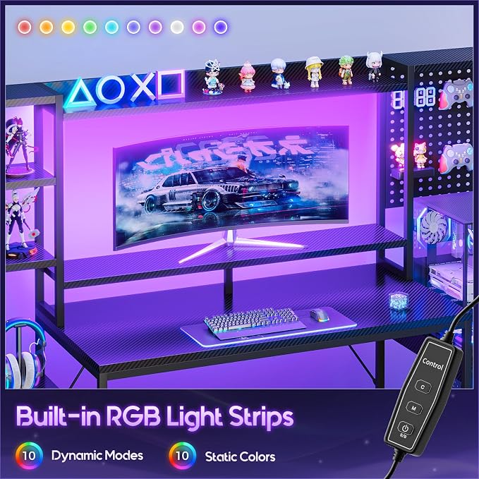 AODK 76 Inch Gaming Desk with Storage Shelves, LED Lights, 3 Drawers | PC Desk with Hutch & Pegboard & Large Desktop, Reversible Computer Desk for Home Office, Carbon Fiber Black - Image 7