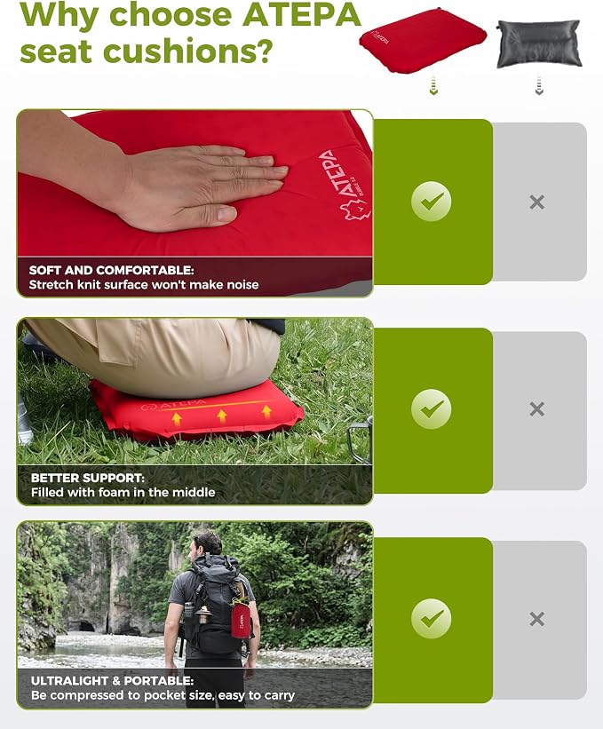 ATEPA Inflatable Seat Cushion | 2" & 2.5" Foam Core Seat Pad, Compact, Stadium, Airplane, Travel, Camping, Hiking, Sports Events, Self Inflating - Image 4