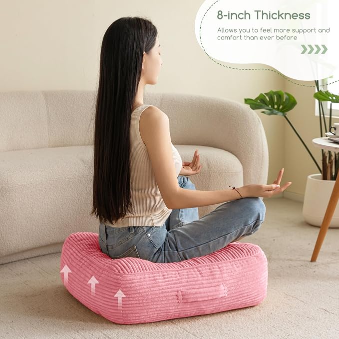 HIGOGOGO 8" Extra Thick Floor Pillow Cushion for Adults, Meditation Cushion Pillow, Large Square Floor Sitting, Tufted Corduroy Cover, for Tatami Living Room or Yoga, 22x22 Inch, Pink - Image 6