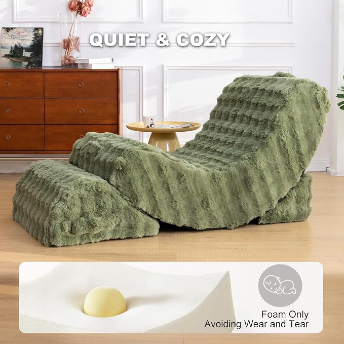 3-in-1 Adjustable Zero Gravity Floor Chair, Oversized Faux Fur Boneless Chair for Adults with Memory Foam & Washable Cover, Silent Rocker Recliner Lounge Chair for Reading, Nursing, Gaming, Green | Zero Gravity Comfort as a Rocker, Chaise Lounger or Fl... - Image 8