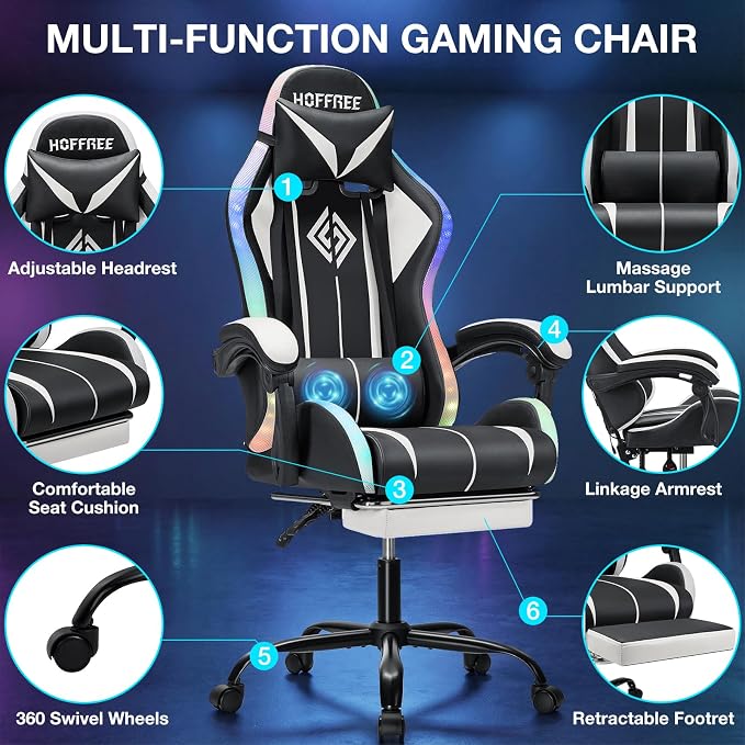 RGB Gaming Chair with LED Lights Massage Ergonomic Computer Chair-White | High Back Video Game Chair with Footrest & Adjustable Lumbar Support Gamer Chairs for Adults Racing Style Recline - Image 9