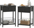 Nightstands Set of 2 with PU Leather Front Drawer, 3-Tier End Table with Bottom Mesh Basket, Industrial Bedside Tables for Bedroom, Black by Unknown