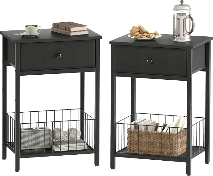 Nightstands Set of 2 with PU Leather Front Drawer, 3-Tier End Table with Bottom Mesh Basket, Industrial Bedside Tables for Bedroom, Black by Unknown