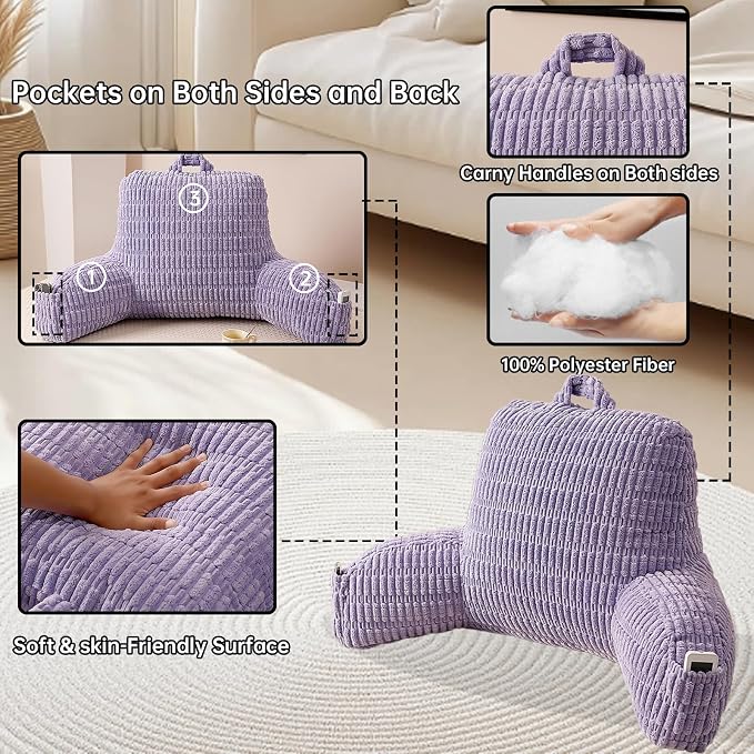 Reading Pillow for Sitting in Bed with Arm,Purple Corduroy,M | Sitting Pillow for Teens Back Support,17" Backrest Pillow Supports Reading,Gaming & Relaxing in Bed,Couch,or Floor - Image 5