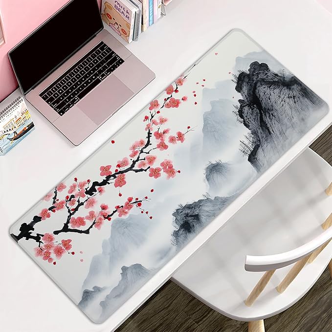 Japanese Watercolor Cherry Blossoms Desk Mat, XL 31.5"x11.8" Large Mouse Pad, Sakura Extended Gaming Mouse Mat,Non-Slip Rubber Base Waterproof with Stitched Edges for Gaming Office Home Decor - Image 8
