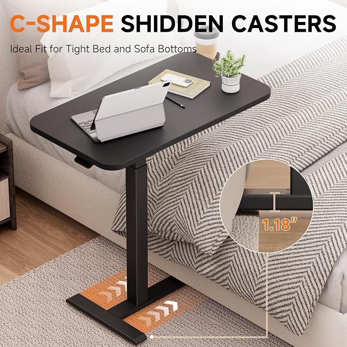 GTPLAYER Small Standing Desk with Hidden Wheels, Pneumatic Mobile Rolling Laptop Desk, Adjustable Height Overbed Bedside Table Computer Workstation for Home Office (28" W x 16" D, Black) - Image 5