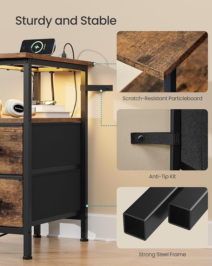 SONGMICS Side Table with LED Light, Narrow End Table with 2 Fabric Drawers - Image 7