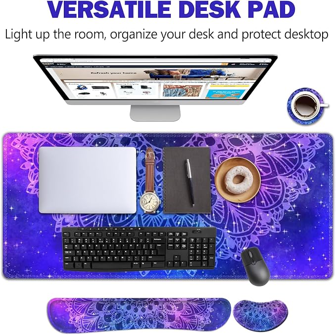 AIMSA Keyboard Mouse Pad Set, Large Gaming Mouse Pad +Wrist Rest Mouse Pad +Keyboard Wrist Support +Coaster, 35x15.7 inch Extended Desk Mat for Easy Typing Pain Relief (Blue Purple Mandala) - Image 2
