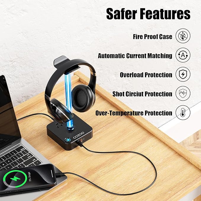 cozoo Headphone Stand with Charger, USB C, Gifts for Gamers Men, Black Pro | Gaming Headset Stand Holder for Desk, 3 USB(1 USB C) and 2 AC Outlets Charging Ports, Headphone Hanger, Gamer Gifts for Men - Image 8