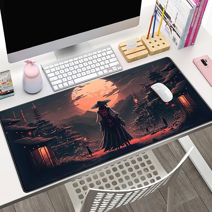 Japanese Landscape Desk Mat Post Moonlight Samurai Mouse Pad Large Dark Aesthetic Desk Pad Gaming Mousepad Extended XXL 31.5 x 15.7 in Laptop Computer Mouse Keyboard Mat - Image 2
