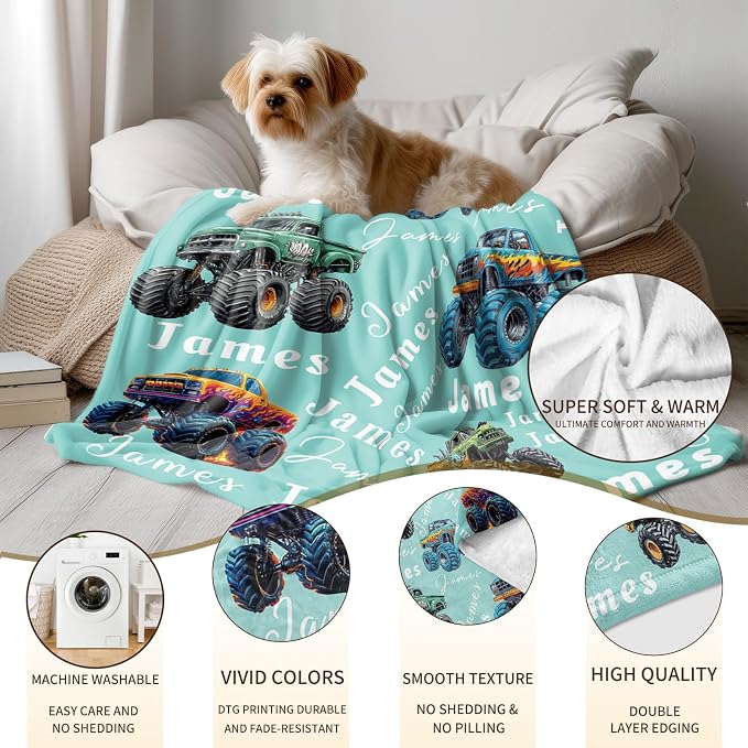 Ship Next Day, Personalized Truck Blanket - Printed in USA, Custom Name Blankets for Kids with Big Off Road Auto Vehicle Graphic, Home Bedding Decor, Fun Birthday Gift for Boys&Girls Women Man - Image 4
