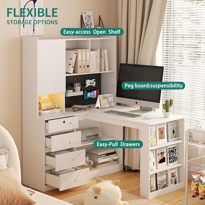 KEIKI L Shaped Home Office Desks with LED Light, Pegboard, Hutch, Drawers, Bookshelf & Storage Shelves, Modern Wooden Gaming Computer Corner Table for Work, Study, Writing - Image 3