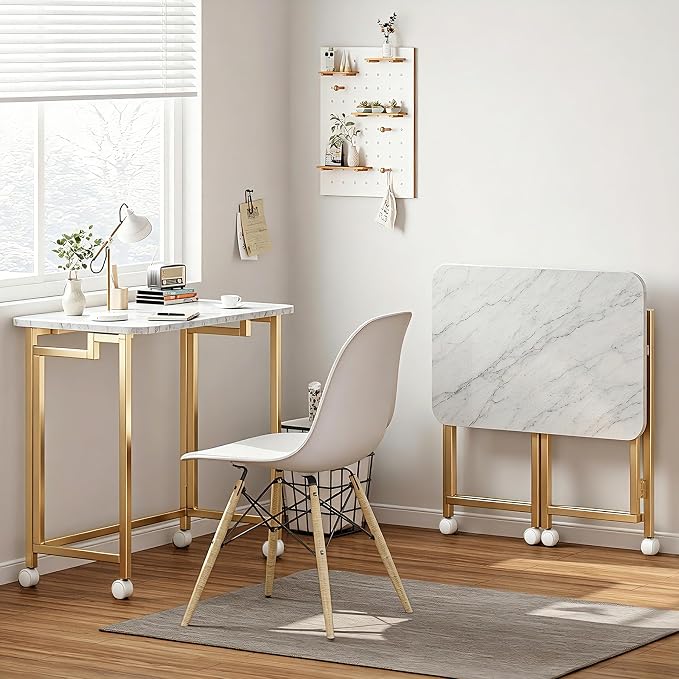 JSB Folding Desk for Small Spaces,Mobile Portable Rolling Laptop PC Table on Wheels,Foldable Computer Desk for Home Office,Bedroom,Dorm,Space Saving (White&Gold, 23.6") - Image 3