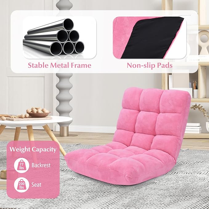 14-Position Floor Sofa, Folding Gaming Sofa Chair, Comfy Cushions & Study Steel Frame, Angle Adjustable Sleeper Bed, Couch Recliner (Pink) - Image 7