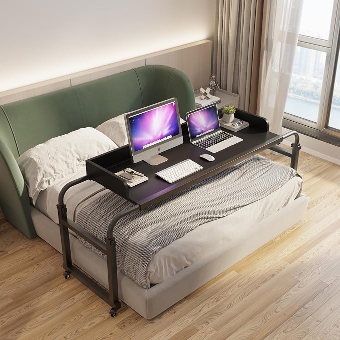 TigerDad Overbed Table with Wheels Overbed Desk Over Bed Desk King Queen Bed Table Overbed Laptop Table Over Bed Table with Wheels(Black) by TigerDad