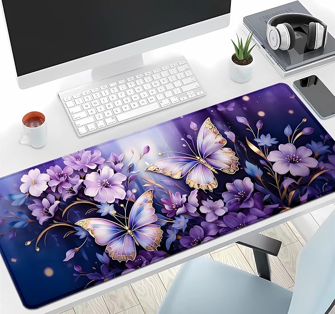 IMAYONDIA Gold Butterfly Desk Pad, Purple Flowers Large Mousepad, Floral Desk Mat, Modern Beutiful Extended Mouse Pads for Laptop, Computer Pad for Women Girls Office, 31.5x11.8 in - Image 6