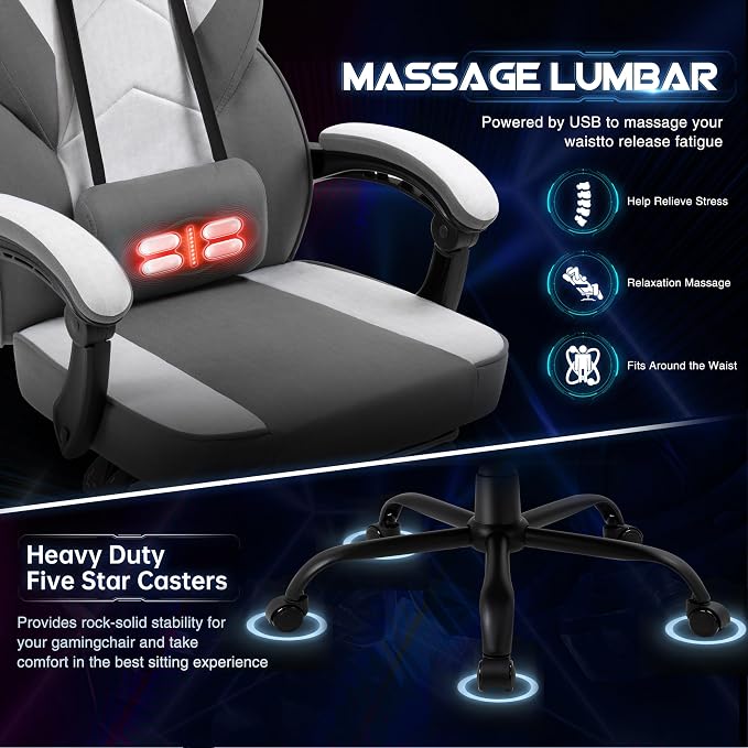 DL-win Gaming Chair for Adults with Footrest & Massage Lumbar Support, Ergonomic High Back Gamer Chair, Adjustable Swivel Computer Gaming Chairs with Headrest and Linkage Armrests,Green (Greige) - Image 6