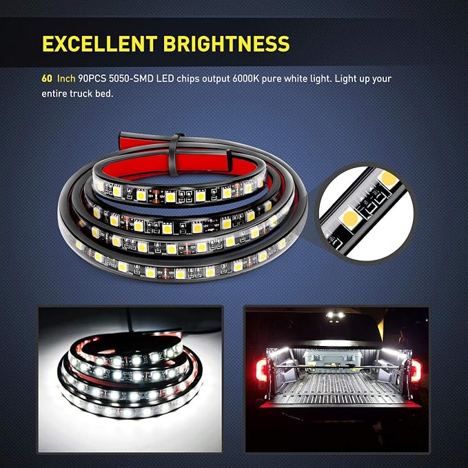 Nilight - TR-05 2PCS 60 Inch 180 LEDs Bed Strip Kit with Waterproof on/Off Switch Blade Fuse 2-Way Splitter Extension Cable for Cargo, Pickup Truck, SUV, RV, Boat , 2 Years Warranty - Image 5