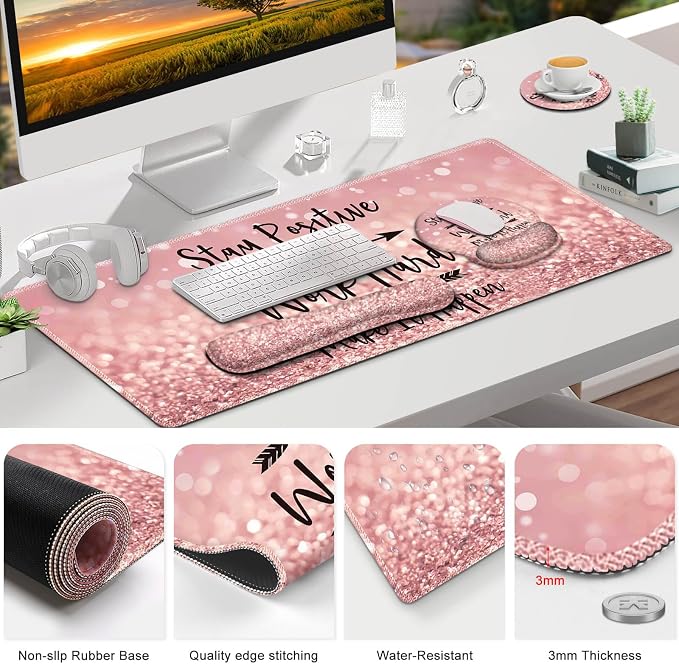 ToLuLu Desk Mat, XXL Large Mouse Pad Wrist Support Set，4 in1 Gaming Mousepad Desk Pad+ Ergonomic Mouse Pad with Wrist Rest + Keyboard Wrist Rest+Coaster for Women Home Office Table, Pink Stay Positive - Image 9