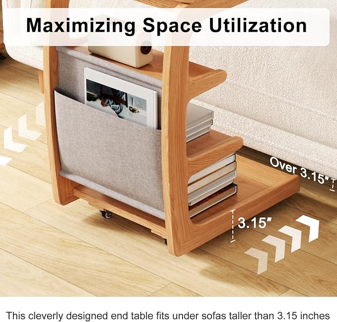 AQIMUELE Wooden C-Shaped End Table,Couch Desk with 2 Lockable Wheels,4-Tier Couch Table with Storage Bag,Small Rolling Side Table Tv Trays for Couch, Living Room,Bedroom (Natural) - Image 5