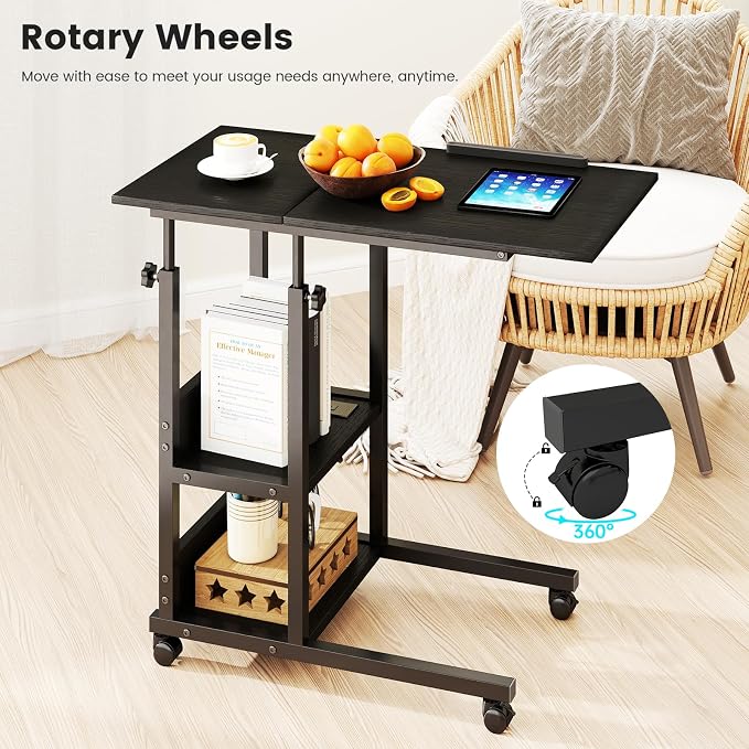 Hadulcet Adjustable C Table with Charging Station, Tiltable Desk C Shaped End Table for Couch, Over Bed Stand with Wheels Adjustable Height, Hospital Table Laptop Stand Drawing Desk, Black - Image 3