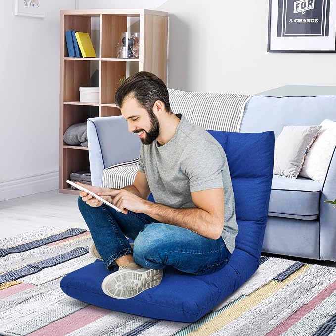 Giantex Adjustable Floor Gaming Sofa Chair 14-Position Cushioned Folding Lazy Recliner High Resilience Sponge, Breathable Cotton & Linen Fabric Sleeper Bed Couch Recliner (Navy) - Image 8