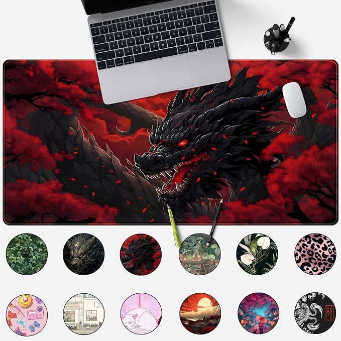 Huge Dragon Large Mouse Pad - Red and Black Mousepad, Big Full Keyboard and Mouse Pad with Stitched Edges, Anti-Slip, Funny Desk Pad, 31.5 X 15.8 in. - Image 2