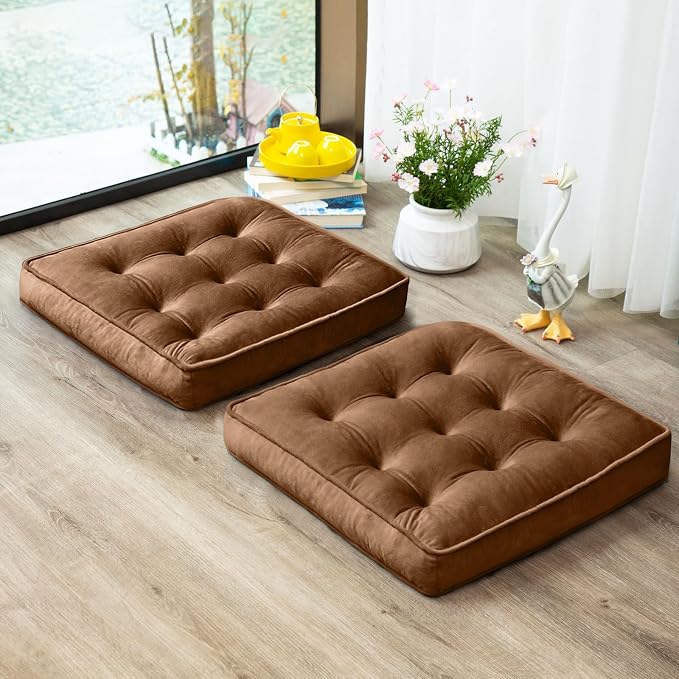 1 MIDDLE ONE Floor Pillow Set of 2, Memory Foam Meditation Cushion, Floor Cushions for Adults Sitting, Large Square Seat Cushions for Yoga, Couch, Sofa, Kids, Living Room, 20x20 Inch (Brown) by 1MIDDLEONE