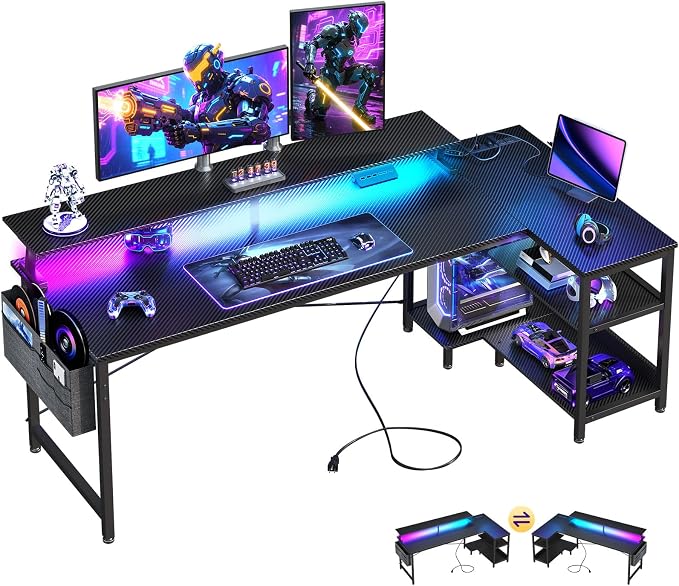 ODK 66 Inch L Shaped Gaming Desk with LED Lights, Power Outlets, Black by ODK