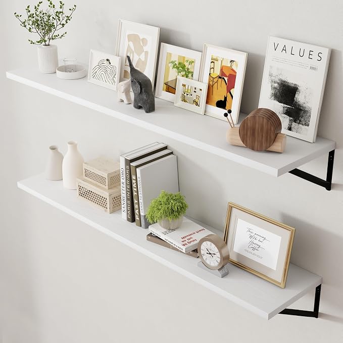 Axeman Floating Shelves for Wall White - 55 Inch Wide x 12 Inch Deep Wall Shelves Set of 2 - White Deep Wood Floating Shelves for Living Room Bedroom Laundry Room by Axeman