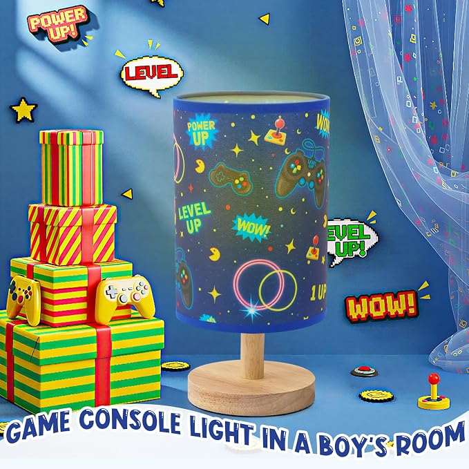 Kids Gaming Lamp for Boys Bedside Lamp with Linen Wooden Nightstand Cartoon Nursery Video Game Lampshade for Kids Gamer Decor - Image 6