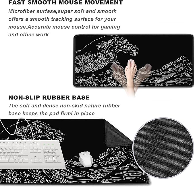 Large Gaming Mouse Pad, XXL Extended Keyboard Mouse Mat with Stitched Edges | 31.5" x 15.7" Non-Slip Waterproof Rubber Base Long Mousepad for Work, Game, Office, Home, Waves Line - Image 2