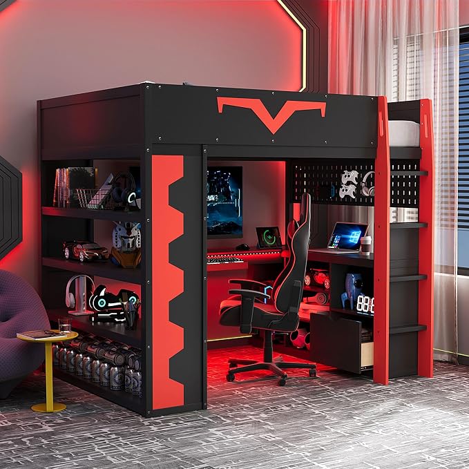 Merax Full Size Gaming Loft Bed with Desk and RGB LED Lights, Pro-Gamer Bed with Power Outlet, Large Bookshelf, Pegboard, Keyboard Tray & Drawer, Red by Merax